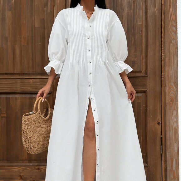 White Casual Women's Loose Fit Dress With Pleated Collar And Flared Sleeves - Picture 5 of 7